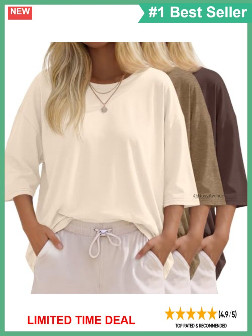 3 Pack Women's 3/4 Sleeve Oversized Tops Cotton Blend Crewneck T-Shirts